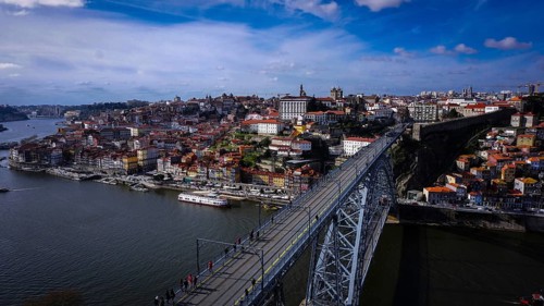 City panorama of the distinctive, spectacular Ponte Dom Luis 1 bridge over the Douro and old town
