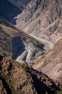 Koshoy Ata mountain pass, serpentine road through mountains, Kyrgyzstan