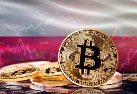 Bitcoin with Poland flag in the background. Investors in cryptocurrency and Blockchain Technology