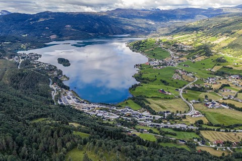 Village Hafslo at lake Hafslovatn, Sognefjord region, aerial view, Norway