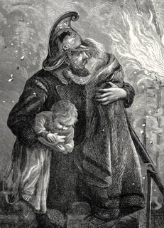 A firefighter is rescuing two children, Hatton Garden, City of London, 1844