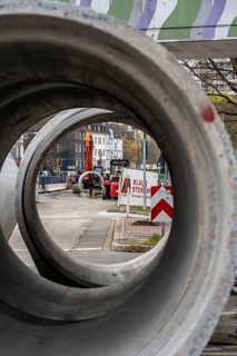 Concrete sewer pipes, stored on a construction site during sewer renovation work, on the Dickswall,