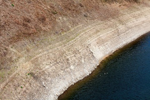 Low water level at Biggetalsperre reservoir, Attendorn, Germany