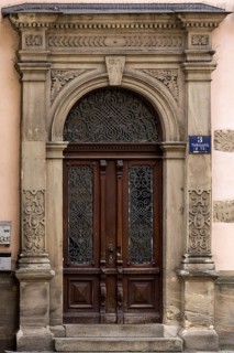Historic entrance portal from 1889, Regensburg, Upper Palatinate, Bavaria, Germany