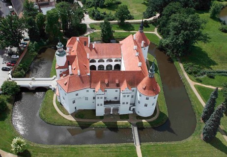 Aerial view with drone of Fürstlich Drehna Castle, Luckau, Germany