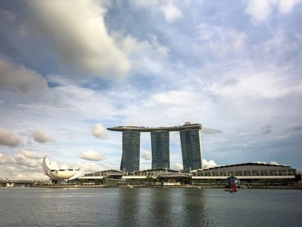 Captivating view of Marina Bay Sands hotel and ArtScience Museum against a cloudy sky in Singapore,