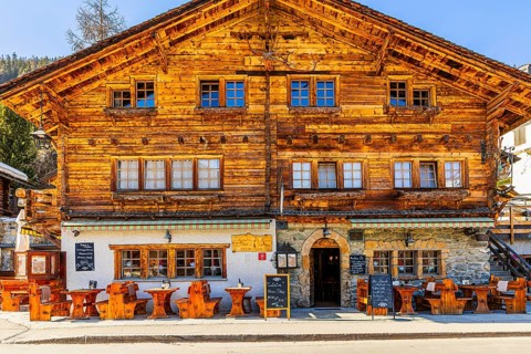Historic Becs de Bosson restaurant, outdoor seating, Grimentz, Val d'Anniviers, Valais Alps, Canton