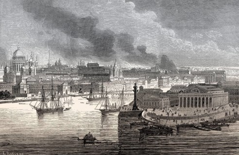 Cityscape of Saint Petersburg, former Stock Exchange building, today Central Naval Museum, Russia,