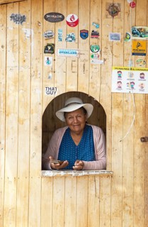 Peruvian woman, 63 years old, selling tickets at the Chauchilla burial ground or desert cemetery,