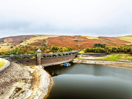 Autumn over Craig Goch Dam from a drone, Elan Valley Reservoirs, Elan Valley, Rhayader, Powys,