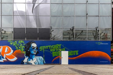 City view of Stuttgart. Construction fence on Königstraße with the inscription: Stuttgart at its