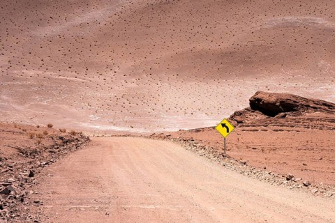 A dusty, winding road marked by a yellow road sign indicating a curve, located in the arid, desert