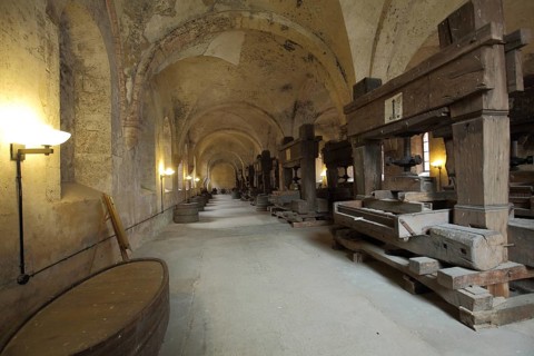 Lay refectory with historic wine presses, wine press, UNESCO Eberbach Abbey, Eltville, Rheingau,