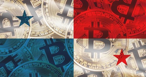 Bitcoin coins on Panama flag background. Golden bitcoin coins on Panama flag background