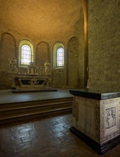 View of the altar in the Abbey of Gellone, also Saint-Guilhem-le-Désert Monastery, Département