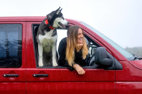 A woman and her dog enjoy a road trip in a red van. The dog leans out the window, while the woman