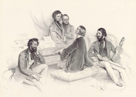 Liszt at the piano. Audience: Hector Berlioz, Carl Czerny, Heinrich Wilhelm Ernst, 1846,