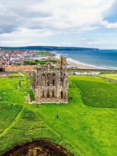 Whitby Abbey over River Esk from a drone, North Yorkshire, England, United Kingdom