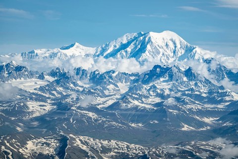 Clouds over high mountains, Mt Foraker, aerial view, Alaska Range, Denali National Park, Alaska,