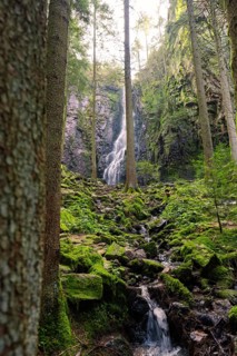 A waterfall flows through a forest, surrounded by moss-covered rocks, Burgbach waterfall, Bad