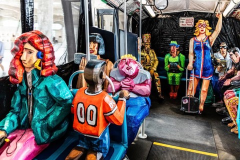 Sculpture The Bus by artist Red Grooms, depicting hectic city life with various passengers, FENIX,