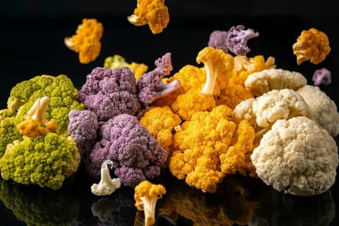 Colourful pieces of cauliflower float above an arrangement of cauliflower heads in different colors