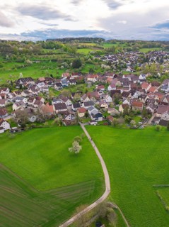 Green landscape with a footpath leading across meadows to the village, Ostelsheim, district of