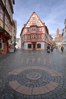 Historic restaurant Weinhaus zum Spiegel, round floor mosaic, pedestrian zone, Augustinerstraße,