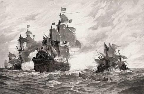 Naval battle, Wapen von Hamburg, Berend Jacobsen Karpfanger, 17th century