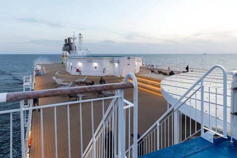 Twilight on the upper deck of the TT-Line Nils Holgersson crossing the Baltic Sea from Rostock in