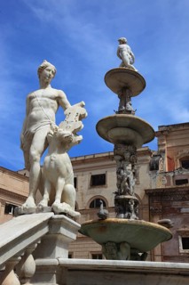 Old Town of Palermo, Statue of the Mannerist Fountain Fontana Pretoria in Piazza Pretoria, Sicily,