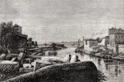 The Tiber river between St Michael Hospital and Aventine Hill, Rome, Italy, 19th Century