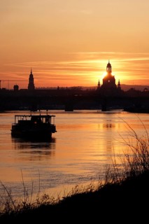 View of Church of Our Lady Dresden across the Elbe, sunset, winter, Saxony, Germany