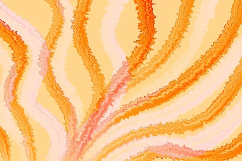 An abstract artwork featuring dynamic orange ripple stripes on a warm beige background. This
