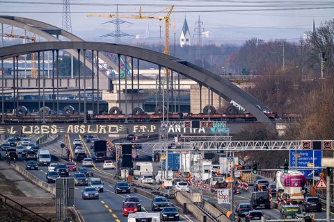 Traffic jam on the A43 motorway near Herne, heading north, in front of the barrier system, the