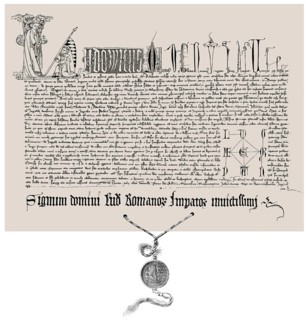 Facsimile of a certificate with the Golden Bull by Louis IV, 1282-1347, called the Bavarian, house