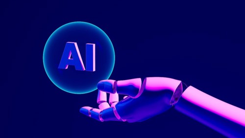 A robotic hand grips a glowing bubble with AI against a dark backdrop, symbolizing progress in