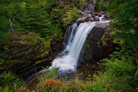 Waterfall flows over rocks in the midst of lush forest, Victoria Falls, Slattadale, Achnasheen,