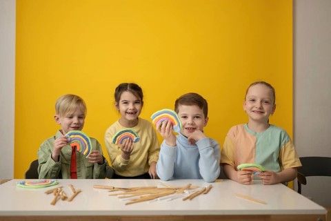 Children enjoying a creative art lesson, crafting colorful modeling clay rainbows. The bright