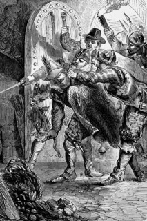 The arrest of Guy Fawkes (1570 to 1606) on 5 November 1605, himself a member of a group of English