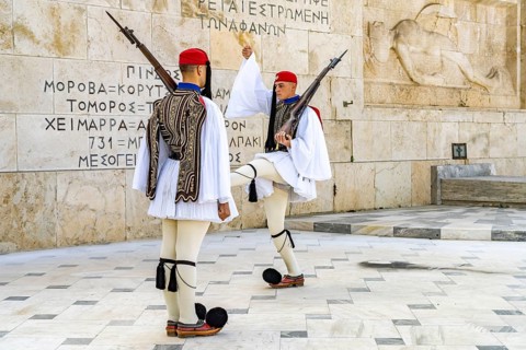 The traditional changing of the guard of the Evzones in front of the Greek Parliament in the Greek