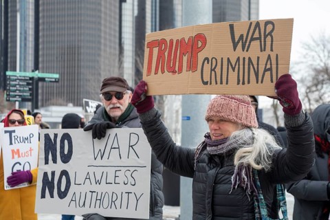 Detroit, Michigan USA, - 3 January 2026 - Activists rally in downtown Detroit to protest President