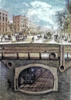 Above and below ground in London, coloured woodcut from 1864, A busy street with carriages above a
