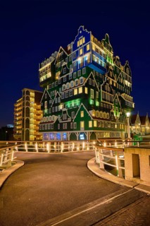ZAANDAM, NETHERLANDS, MAY 8, 2017: Inntel Hotel in Zaandam illuminated at night. Design of