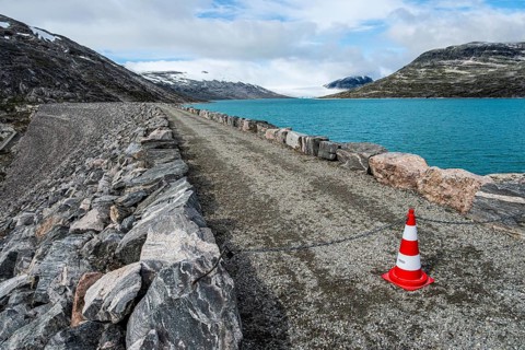 Dam at lake Styggevatnet, Styggevatn, Jostedal glacier, Norway