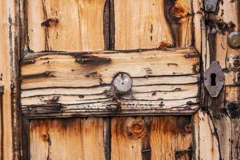 Detailed view of a rustic wooden door of a hut on the Glatsch Alm, Dolomites, Puez-Geisler nature