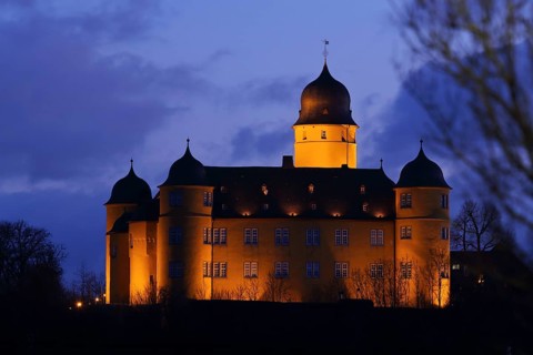 Baroque castle at dusk, landmark, night view, lighting, blue hour, Montabaur, Rhineland-Palatinate,