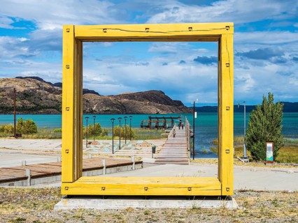 Oversized wooden frame, art object, pier at Puerto Ingeniero Ibanez, lake Lago General Carrera,