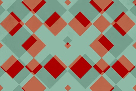 Abstract geometric pattern featuring overlapping squares in red and green hues. The symmetry and