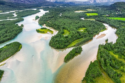 Aerial view of the Glamaga river delta, (Glomådeltaet or Glomåga-deltaet), turquioise water, near